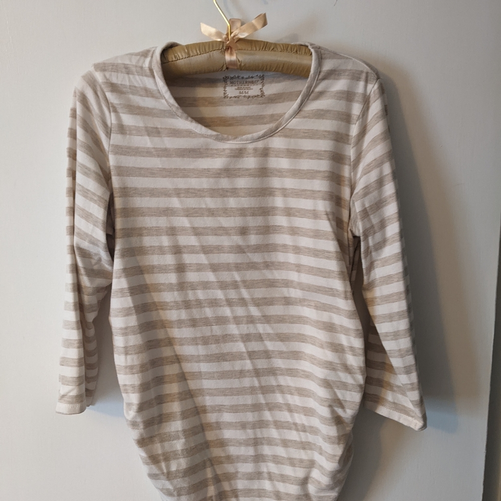 Motherhood maternity Tan & cream striped 3/4 sleeve shirt size medium